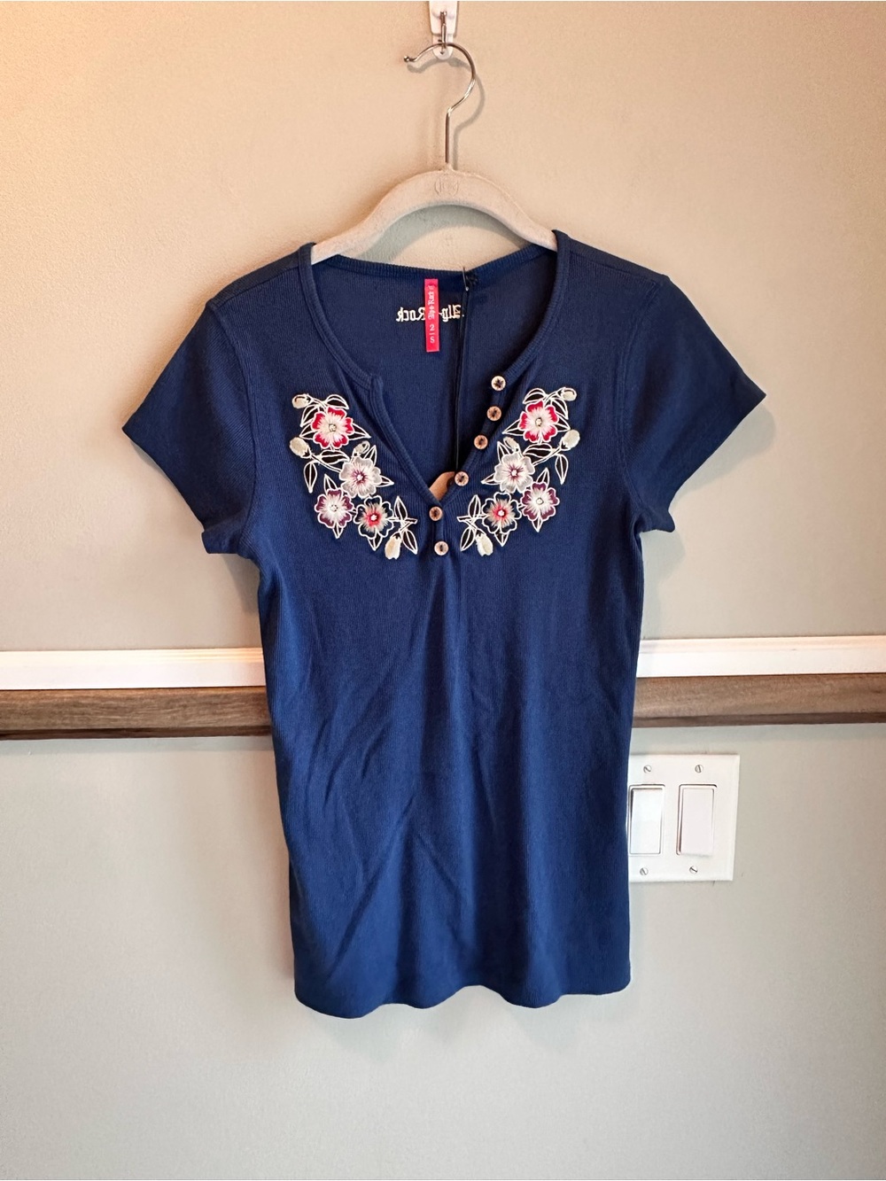 Alp N Rock Amelie Navy Henley Tee Embroidered Floral Ribbed Top